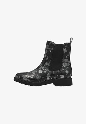 Bottes noires chevilles avec un motif floral, dotées de panneaux élastiques sur les côtés, d'une languette de tirage et d'une semelle en caoutchouc texturée pour l'adhérence.