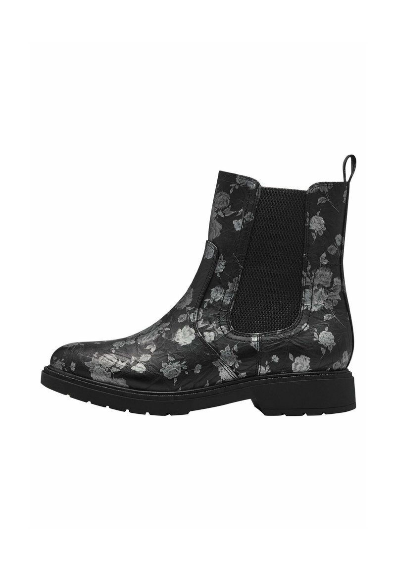 Botines negros con un patrón floral, que presentan paneles laterales elásticos, una tira de agarre en la parte posterior y una suela de goma texturizada para mayor adherencia.
