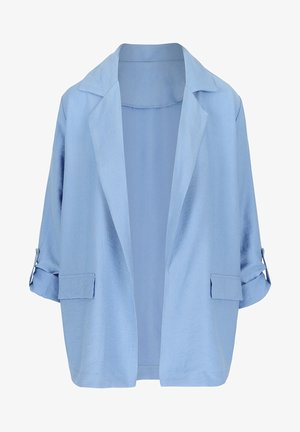 Lichtblauwe blazer met open voorkant, opgerolde mouwen en klepzakken, gemaakt van zacht, lichtgewicht materiaal.