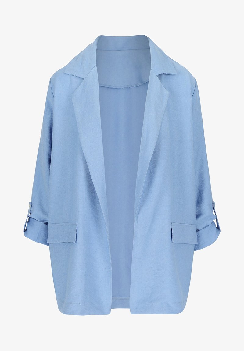 Blazer bleu clair à ouverture devant, manches retroussées et poches à rabat, confectionné dans un tissu doux et léger.