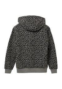 Graue Kapuzenjacke mit schwarzen Leopardenflecken, Ausstattung mit gerippten Bündchen und Saum. Weiche Textur mit lockerer Passform und geräumiger Kapuze.