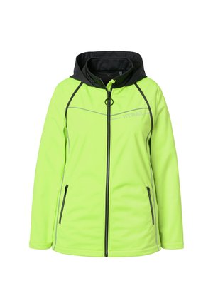 Neon grüne Kapuzenjacke mit schwarzem Reißverschluss, zwei Reißverschlusstaschen, schwarzer Innenkapuze und reflektierenden Piping-Details.