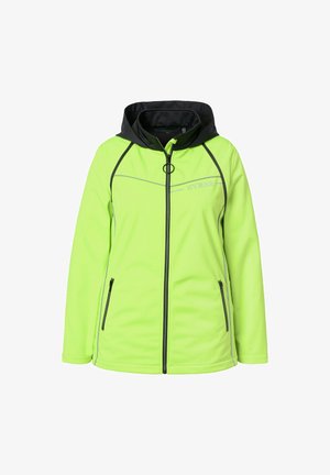 Veste à capuche verte fluo avec fermeture éclair noire, deux poches zippées, doublure intérieure de la capuche noire et détails en piping réfléchissant.