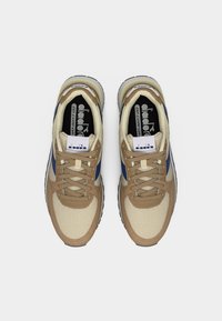 Paire de baskets de sport beige et bleues avec tissu en mesh et détails en suède, vues de dessus sur un fond blanc.