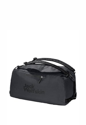 Borsa a borsone nera con spallacci regolabili, tasca frontale con zip e grande logo. Realizzata in tessuto resistente con una texture liscia.