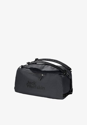 Borsa a borsone nera con spallacci regolabili, tasca frontale con zip e grande logo. Realizzata in tessuto resistente con una texture liscia.