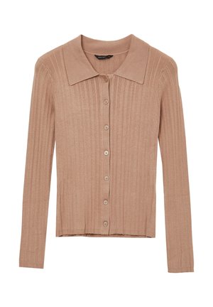 Cardigan en maille côtelée marron clair avec manches longues, col pointu et fermeture par boutons sur le devant.