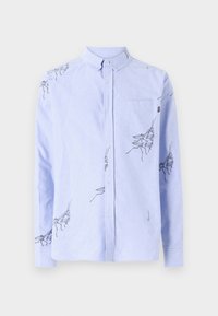 Light blue long-sleeve shirt made of cotton, featuring black cricket embroidery, a button-up front, and a chest pocket.