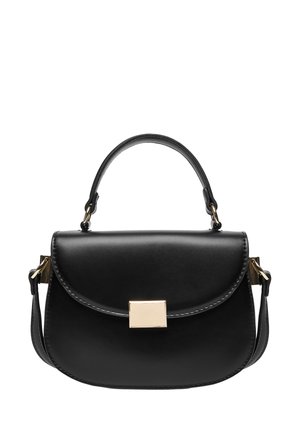 Schwarze Lederhandtasche mit Tragegriff oben, goldener rechteckiger Schnalle und abnehmbarem Schultergurt vor weißem Hintergrund.