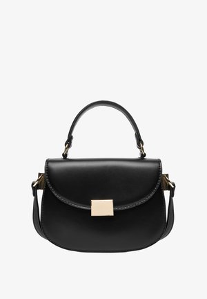 Bolso de cuero negro con asa superior, cierre rectangular dorado y correa de hombro desmontable sobre fondo blanco.