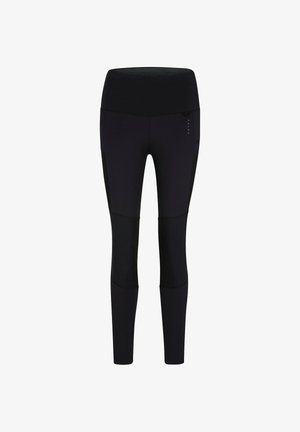 Zwarte, hooggetailleerde sportlegging met verstevigde kniepaneel en een gestroomlijnde pasvorm, voorzien van een subtiel logo op het bovenbeen.