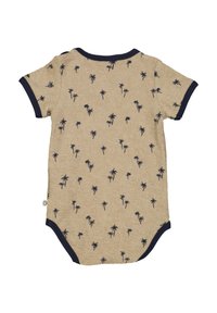 Krémový overal s krátkým rukávem a modrými akcenty, ozdobený potiskem palem. Měkká tkanina s texturovaným vzhledem a patentky na dole.