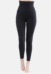 Leggings neri a vita alta realizzati in tessuto elasticizzato, con una texture liscia e design aderente, che arrivano fino alla caviglia senza cuciture visibili.