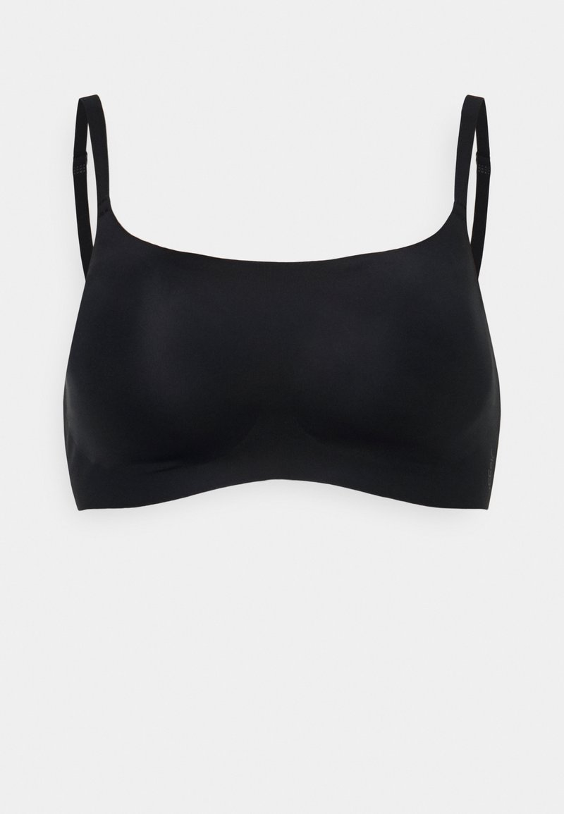Svart bralette med justerbare stropper, sømløst design, glatt tekstur og rund utringning, som tilbyr en minimalistisk stil.