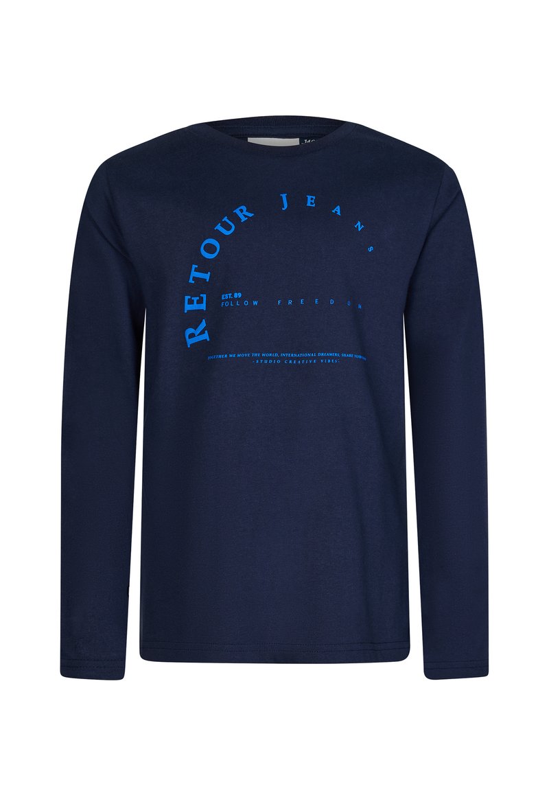 Marineblaues Langarm-T-Shirt aus Baumwolle, mit runder weiß-blauer Grafikschrift, Rundhalsausschnitt und normaler Passform.