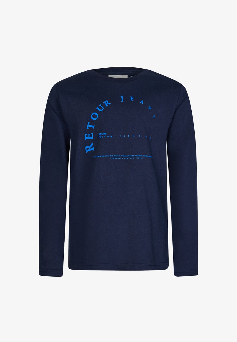 Marineblaues Langarm-T-Shirt aus Baumwolle, mit runder weiß-blauer Grafikschrift, Rundhalsausschnitt und normaler Passform.