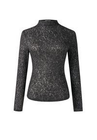 Zwarte top met lange mouwen en een hoge kraag, met een gestructureerd patroon dat lijkt op kant, gemaakt van een zacht, rekbaar materiaal.