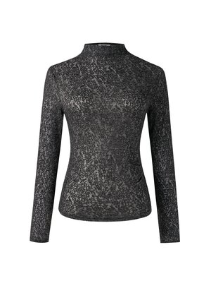 Haut noir à manches longues avec un col montant, présentant un motif texturé ressemblant à de la dentelle, réalisé dans un matériau doux et extensible.