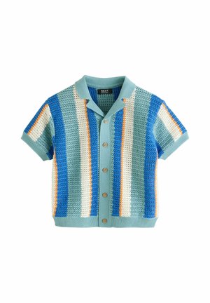 Short-sleeve knitted cardigan with blue, teal, white, and orange vertical stripes and wooden buttons down the front.