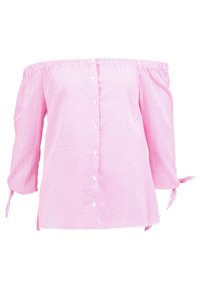 Růžovo-bílé pruhované tričko s odhalenými rameny, tříčtvrtečními rukávy, zapínáním na knoflíky vpředu a detaily na rukávech ve formě zavazování. Měkká textura látky.