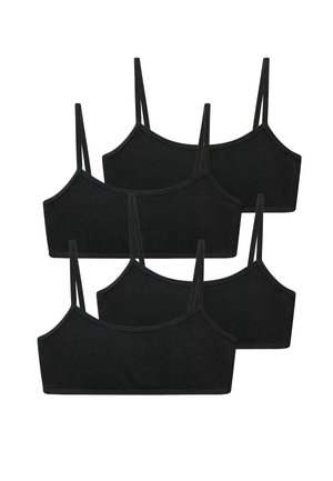 Vijf zwarte cropped camisoles met dunne bandjes, overlappend gerangschikt op een witte achtergrond.