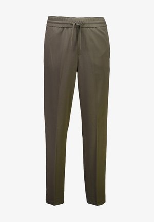 Olivgrüne Hose mit glatter Textur, elastischem Bund und Kordelzug. Taillierte Passform mit geraden Beinen und ohne sichtbare Beschläge.