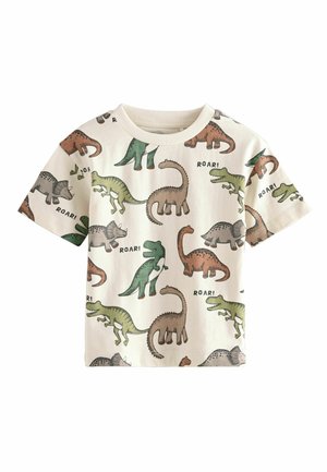 Bawełniana koszulka, na kremowym tle, z kolorowymi nadrukami dinozaurów w zielonym, brązowym i szarym kolorze oraz dodatkiem słowa "ROAR!"