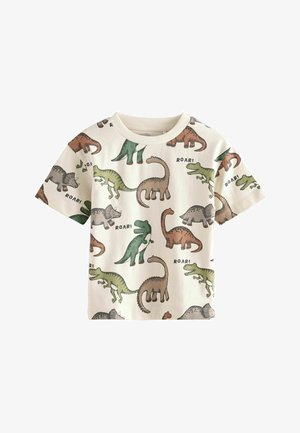 Katoenen T-shirt, crèmekleurige achtergrond, met kleurrijke dinosaurussen in groen, bruin en grijs, vergezeld van de woorden "ROAR!".
