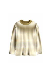 Raidallinen pitkähihainen paita, jossa on vihreä ja valkoinen kuvio. Ominaisuuksiin kuuluu pyöreä pääntie ja pehmeä kangas. Pääväri on oliivinvihreä.