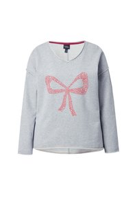 Grauer Sweatshirt mit V-Ausschnitt, langen Ärmeln und lockerer Passform. Mit einem roten textbasierten Schleifengrafik auf der Vorderseite. Weiche Stoffstruktur.