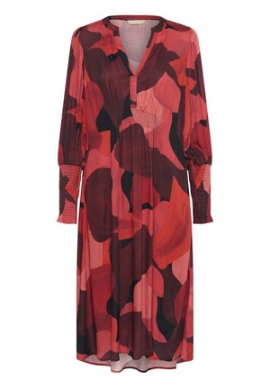 Úzka červená a čierna vzorovaná šaty s dlhými rukávmi, výstrihom do V a naberanými detailmi na rukávoch. Ľahká, splývavá tkanina.