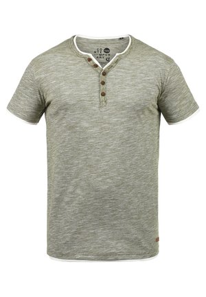 Short-sleeve, olive green T-shirt made of textured fabric. Features a white collar, three-button placket, and a small brand label on the hem.