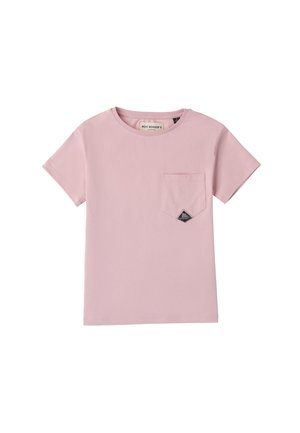 Helles rosa T-Shirt aus Baumwolle, mit kurzen Ärmeln, rundem Hals und einer Brusttasche mit einem schwarzen Logo-Patch.