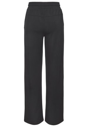 Black, wide-leg pants made from soft fabric. Features an elastic waistband and no visible pockets or embellishments. Smooth texture.
