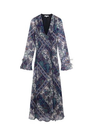 Lange wikkeljurk met een teal, marineblauw en bruin paisleypatroon, lange uitlopende mouwen en een V-hals op een witte achtergrond.
