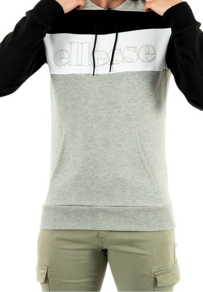 Sudadera con capucha gris con mangas negras y panel blanco en el pecho; cuenta con capucha con cordón y bolsillos delanteros; logo "ellesse" en gris claro en el pecho.
