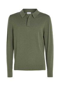 Olivgrünes, gestricktes Langarm-Poloshirt mit Kragen und einer Knopfleiste mit drei Knöpfen, versehen mit einem dezenten CK-Logo auf der Brust.