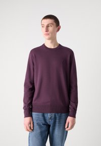 Maglione lavorato a maglia viola con scollatura rotonda, polsini e orlo a coste, caratterizzato da una piccola etichetta logo discreta sul petto. Indossato con jeans blu.