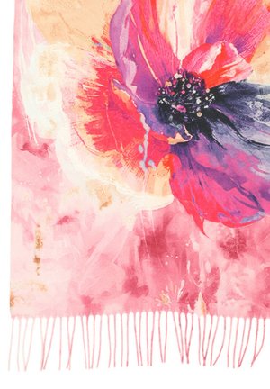 Wielobarwny kwiatowy szalik z dużymi różowymi i fioletowymi kwiatami na delikatnym różowym tle, z subtelnym frędzlem na dole.