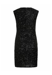 Black sequin dress, sleeveless with a fitted silhouette, featuring a smooth texture and a zip closure at the back.