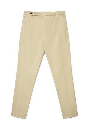 Pantaloni beige slim fit con tasche laterali, passanti per cintura e chiusura con un solo bottone in vita, mostrati stesi su uno sfondo bianco.