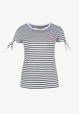 T-shirt à manches courtes à rayures noires et blanches avec des liens sur les côtés ; présente une broderie de flamant rose sur la poitrine. Matière en coton douce.