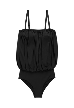 Bañador negro de una pieza con una parte superior suelta, fruncida y tirantes finos ajustables.