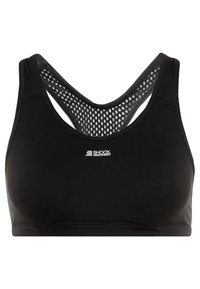 Svart trenings-BH med mesh-backdesign, som har kryssryggstropper og en logo i sentrum under halsåpningen.