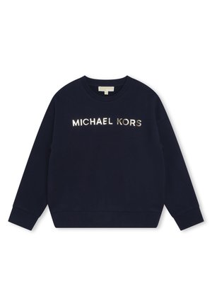 Sweatshirt bleu marine en tissu doux, avec un col ras du cou et des manches longues. L'avant affiche "MICHAEL KORS" en lettres métalliques brillantes.