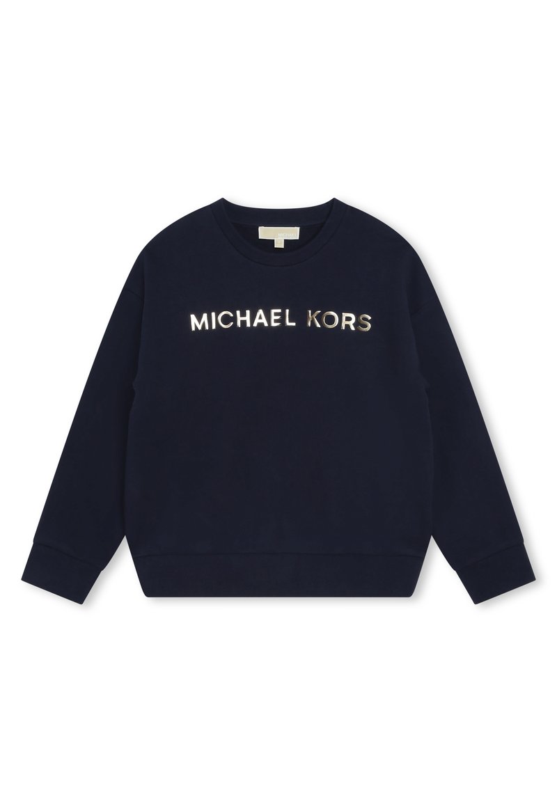 Felpa blu navy realizzata in tessuto morbido, con collo rotondo e maniche lunghe. La parte anteriore presenta la dicitura "MICHAEL KORS" in lettere metalliche lucide.