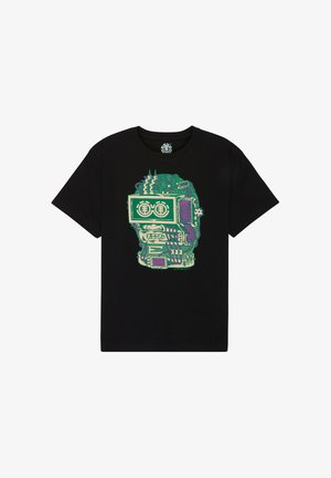 Maglietta nera in cotone con una grafica dettagliata e multicolore di un volto con occhiali, che include accenti verdi e viola.