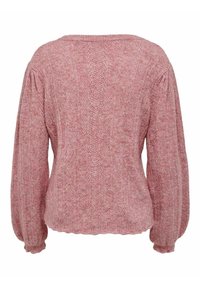 Pull rose tricoté avec de longues manches bouffantes, ourlet côtelé festonné et motif vertical texturé, vue de dos.