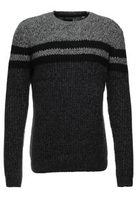 Maglione lavorato a maglia in grigio scuro con strisce orizzontali nere e grigio chiaro. Collo rotondo, maniche lunghe, tessuto strutturato, polsini e orlo a coste.