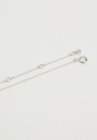 Collana in argento con maglie sottili, dotata di chiusura a moschettone e accenti a cerchio, esposta su uno sfondo bianco.